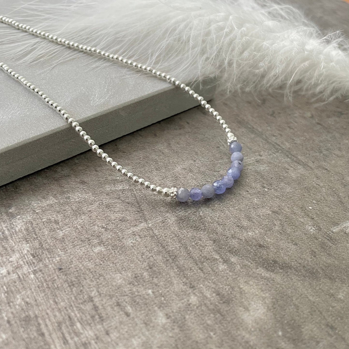 Thin Tanzanite and Sterling Silver Bead Necklace, December Birthstone