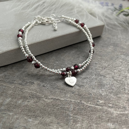 Personalised Bracelet Set with Garnet, January Birthstone Jewellery