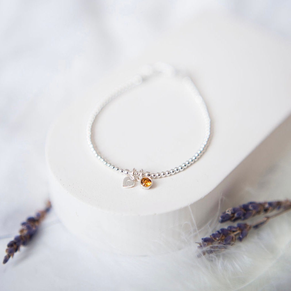 Dainty Crystal Birthstone Initial Bracelet, Personalised Jewellery