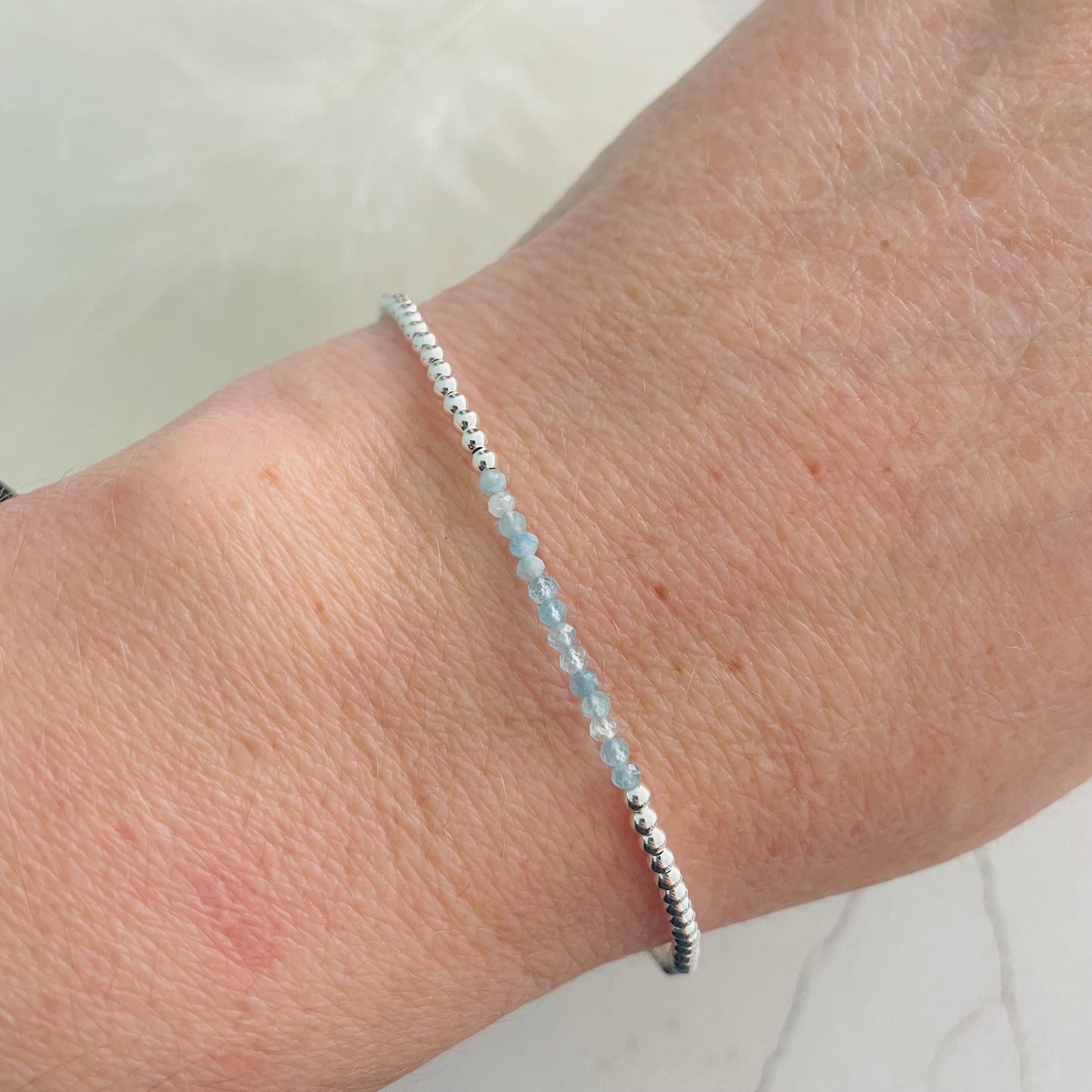 Very Dainty Aquamarine Bracelet in Sterling Silver, Thin March Birthstone bracelet