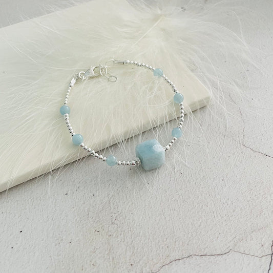 Aquamarine Cube Bracelet, March Birthstone Sterling Silver Birthstone Jewellery