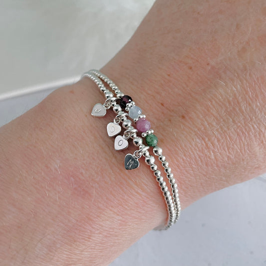 Mothers Day Bracelet Set with Family Initials and Birthstones, Personalised Dainty Family Jewellery