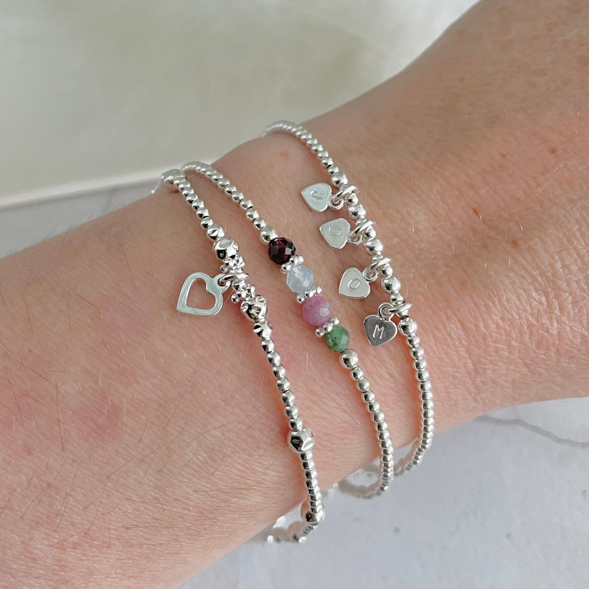 Mothers Day 3 Bracelet Set with Family Initials and Birthstones, Personalised Dainty Family Jewellery
