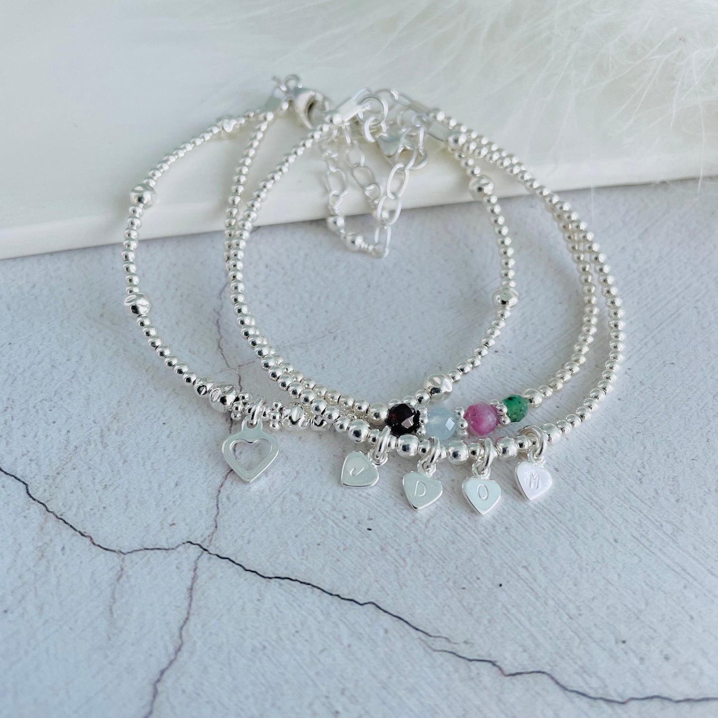 Mothers Day 3 Bracelet Set with Family Initials and Birthstones, Personalised Dainty Family Jewellery