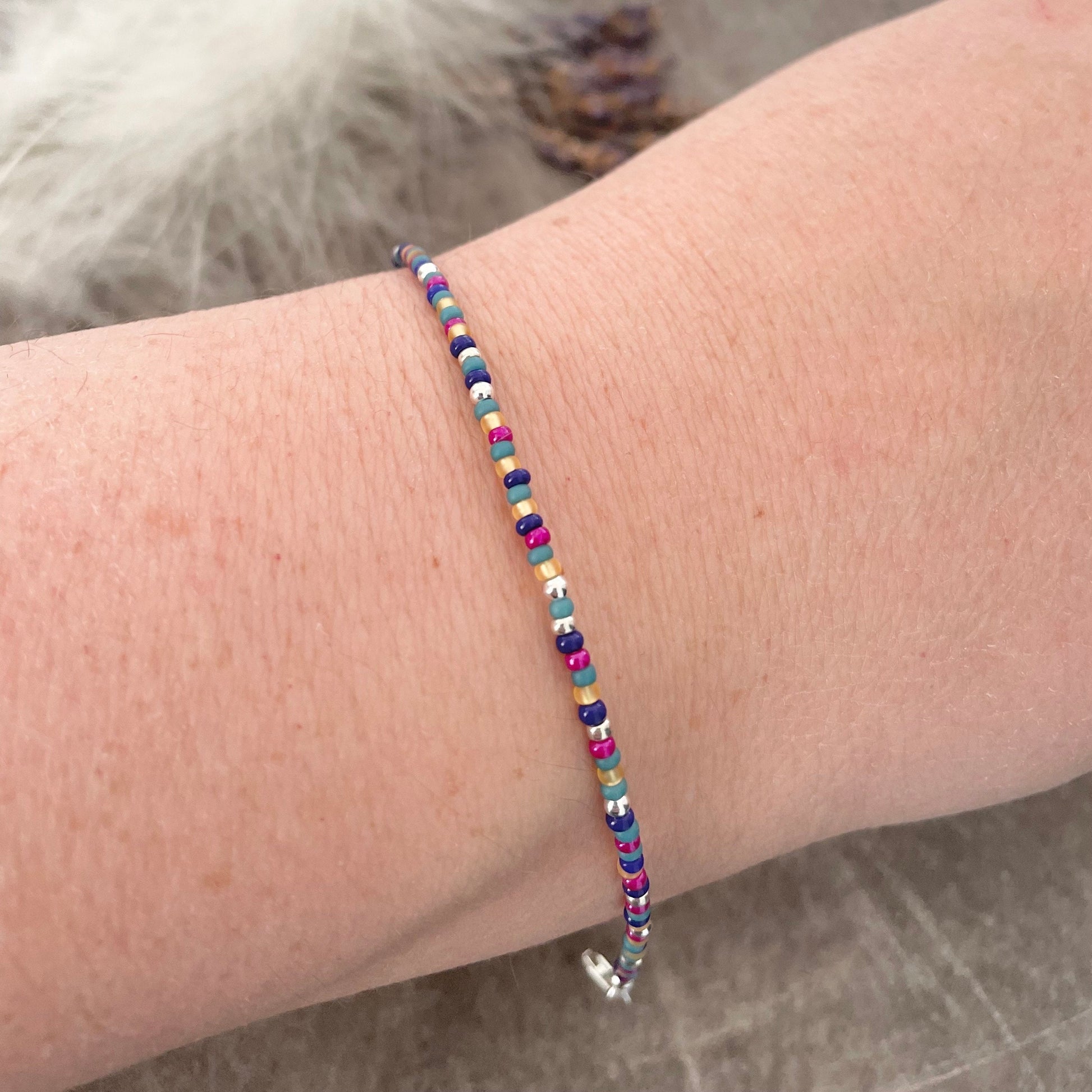 Thin Multicolour Bracelet with seed beads blue cerise yellow
