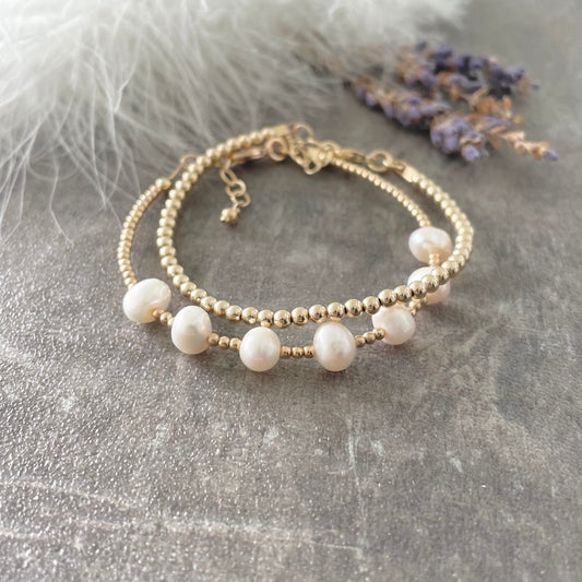 Gold Filled and Pearl Bracelet Set, June Birthstone Pearl Jewellery