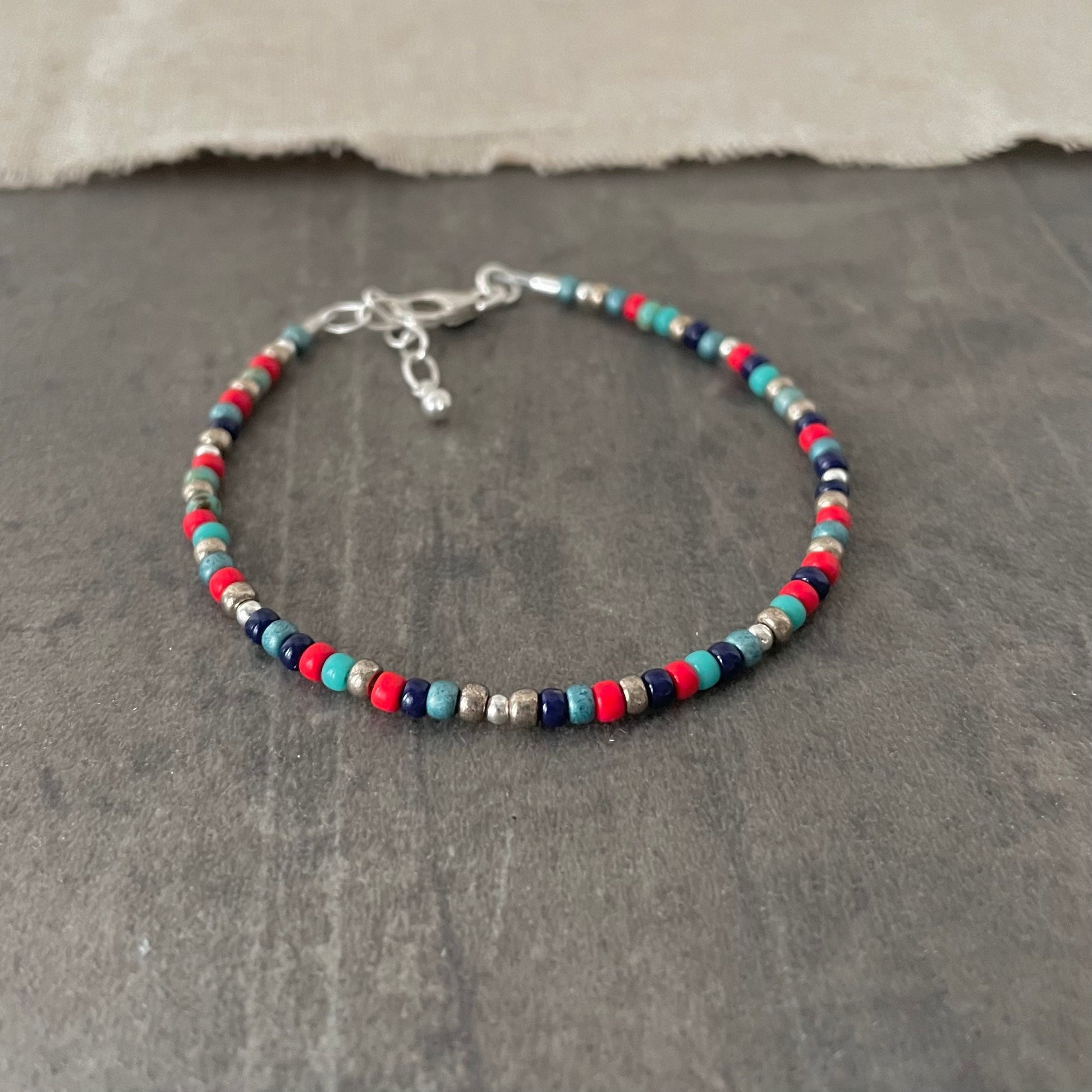Thin Red Blue Bracelet with seed beads Blue and Red