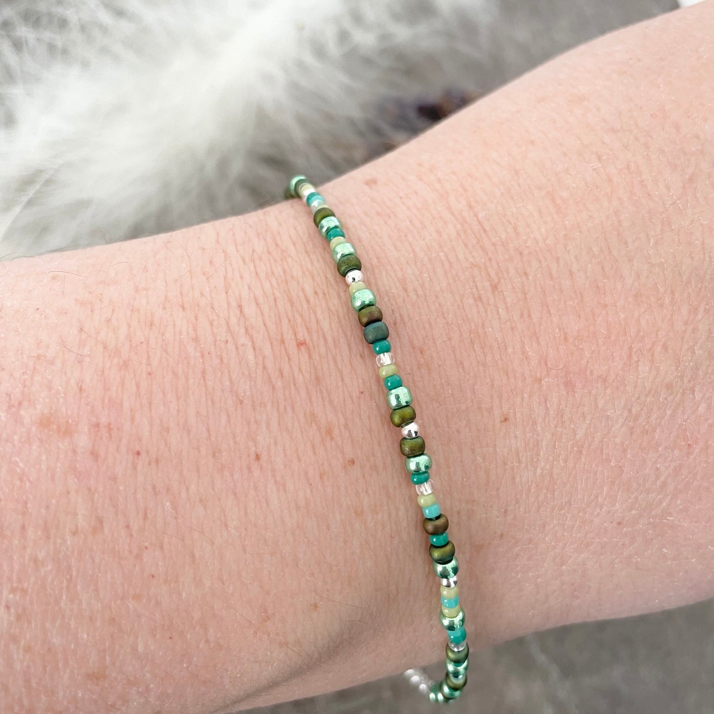 Thin Green Bracelet with seed beads shades of green