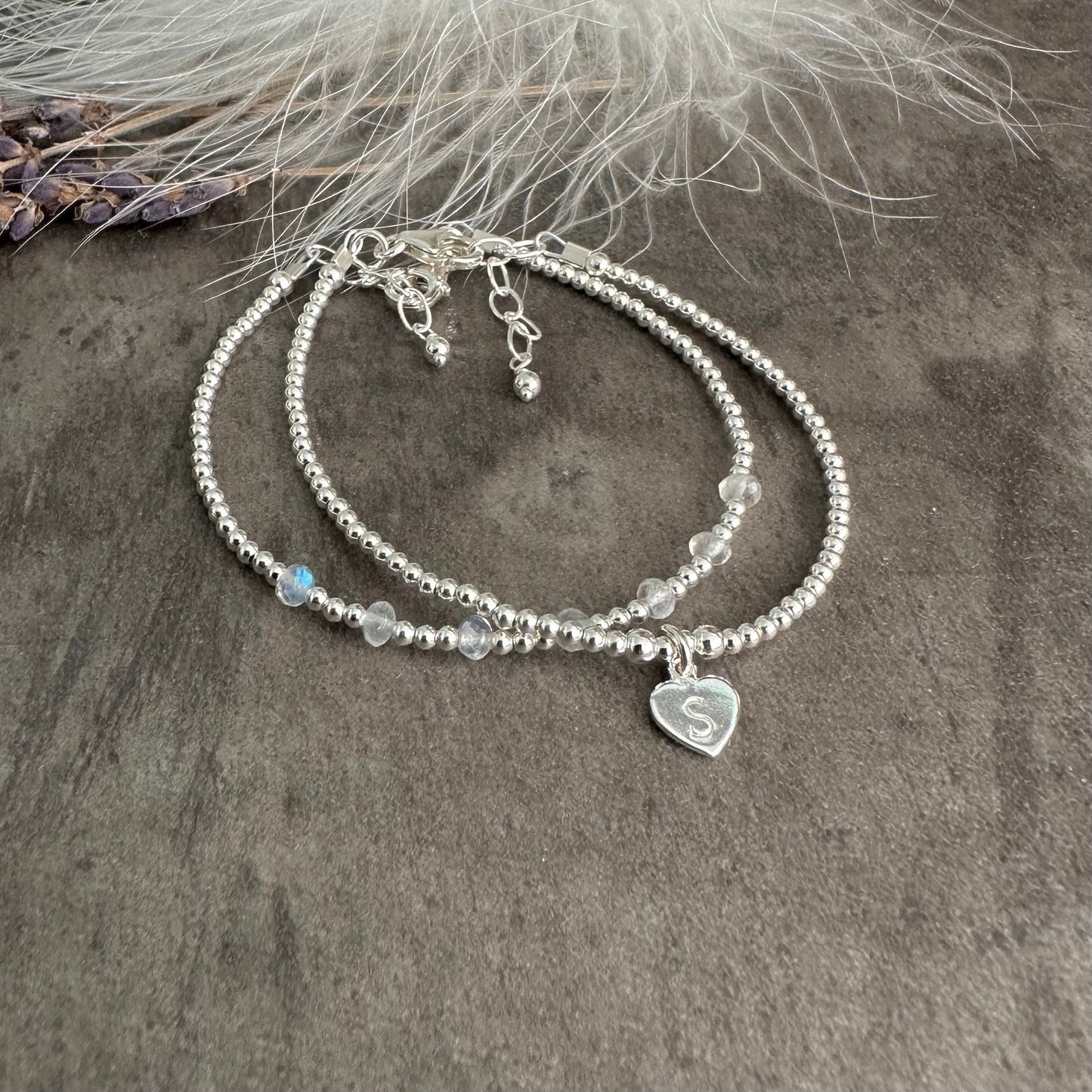 Rainbow Moonstone Layering Bracelet Set, Personalised June Birthstone Jewellery