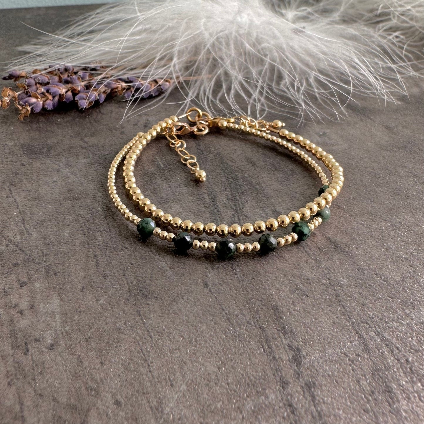 Gold Filled and Emerald Bracelet Set, May Birthstone Emerald Jewellery