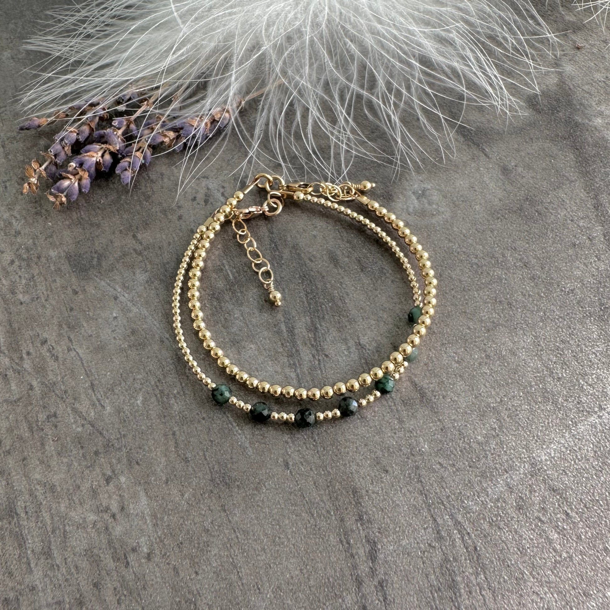 Gold Filled and Emerald Bracelet Set, May Birthstone Emerald Jewellery