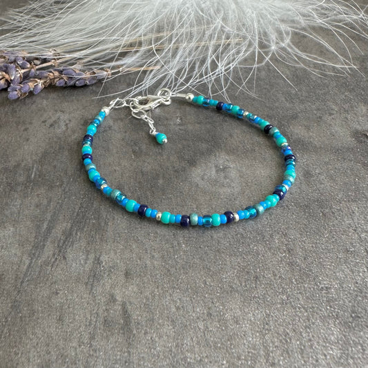 Thin Blue Bracelet with seed beads Shades of Blue
