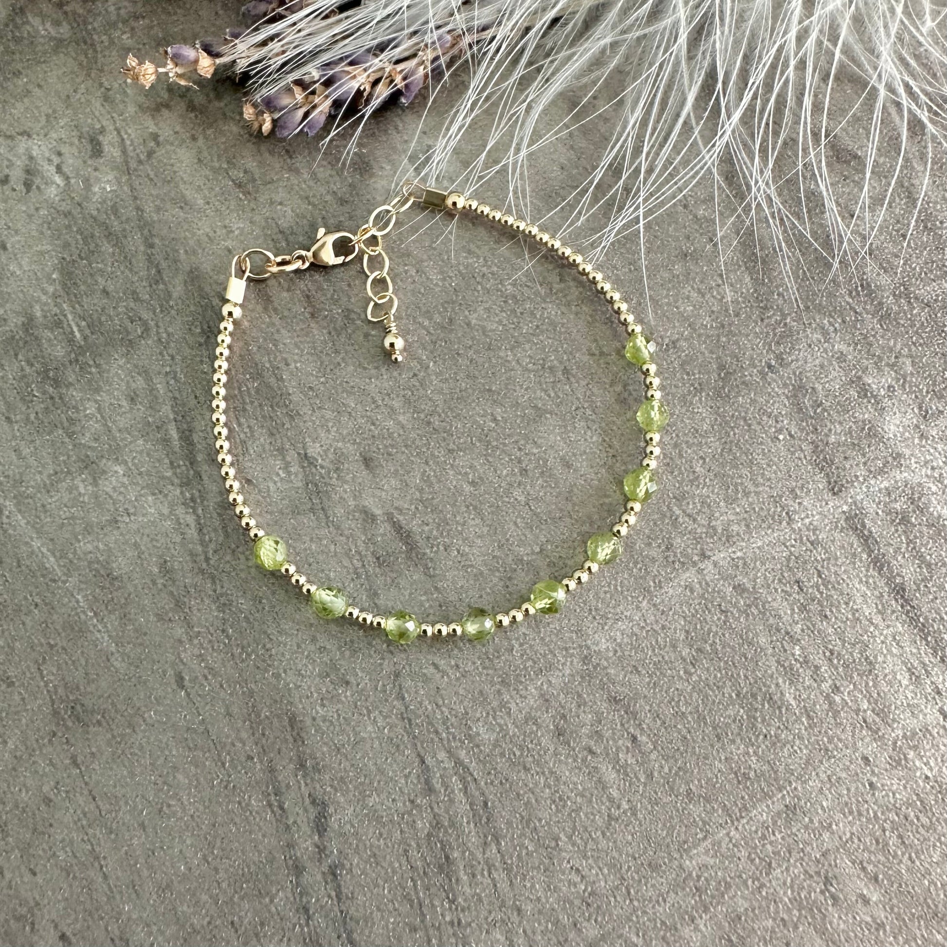 Gold Fill August Birthstone Dainty green peridot bracelet, stacking Bracelets for Women