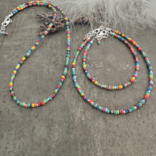 Colourful Summer Beaded Jewellery Set with seed beads anklet necklace bracelet