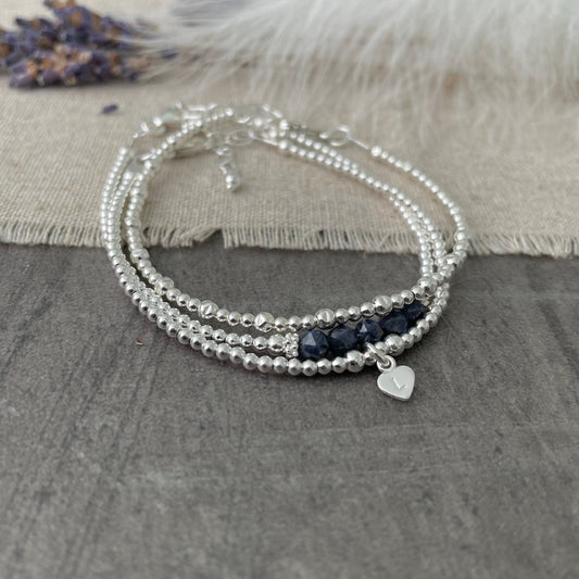 Personalised September Birthstone Sapphire Bracelet Set, Dainty Sterling Silver Stacking Bracelets for Women