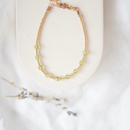Gold Fill August Birthstone Dainty green peridot bracelet, stacking Bracelets for Women