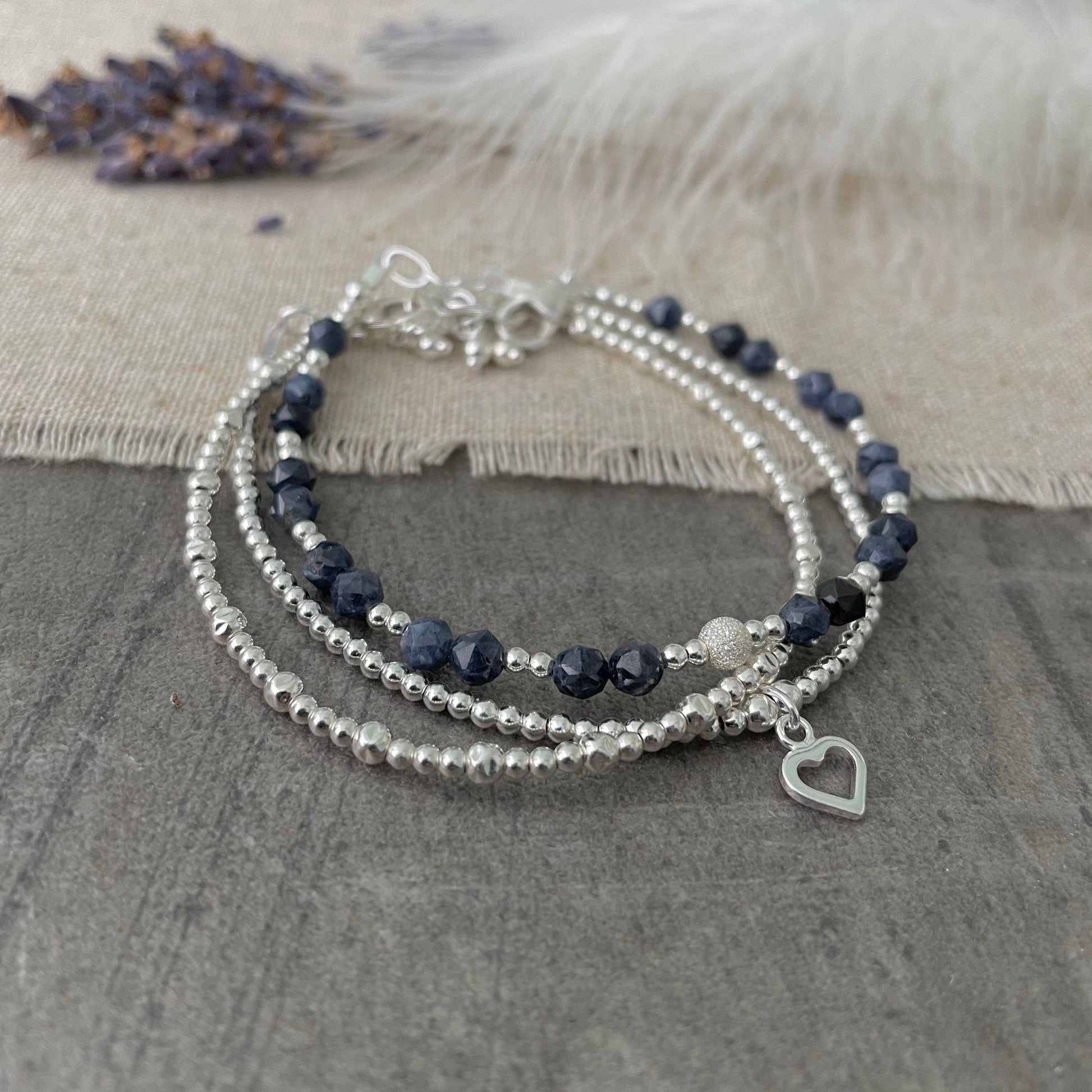 A Dainty September Birthstone Sapphire Bracelet Set, September Stacking Bracelets for Women in Sterling Silver