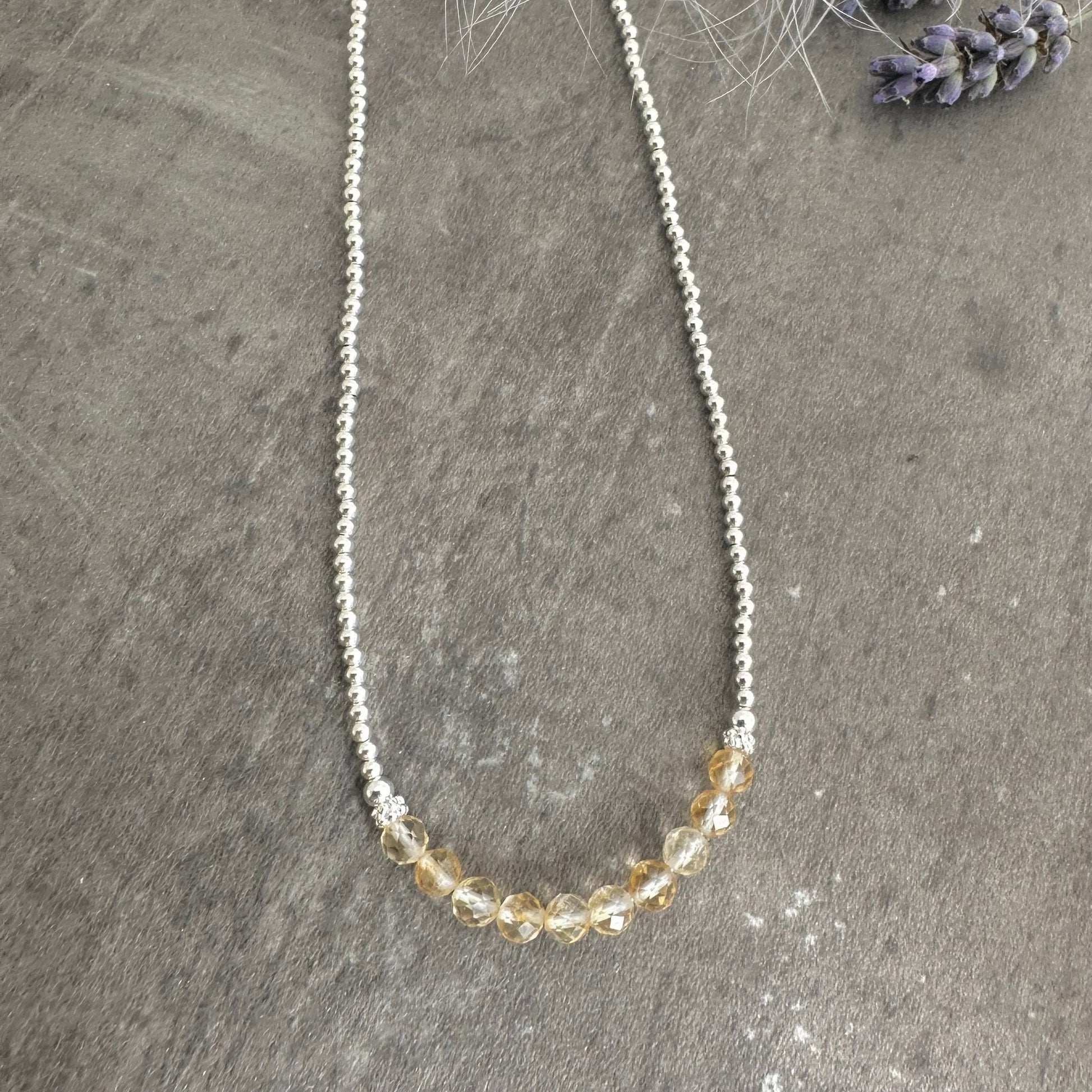 Thin Citrine and Sterling Silver Bead Necklace, November Birthstone