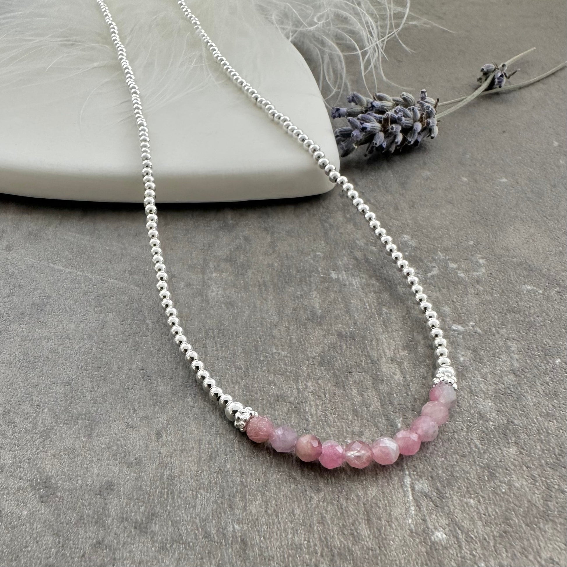 Thin Pale Pink Tourmaline and Sterling Silver Bead Necklace, October Birthstone, dainty silver necklace