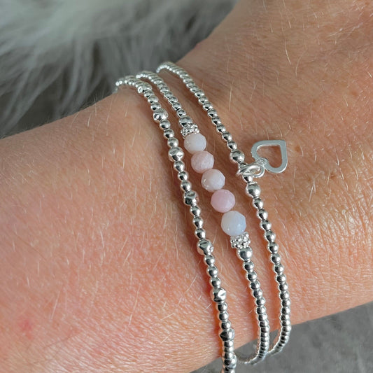 October Birthstone Pink Opal Bracelet Set, Dainty Sterling Silver Stacking Bracelets for Women