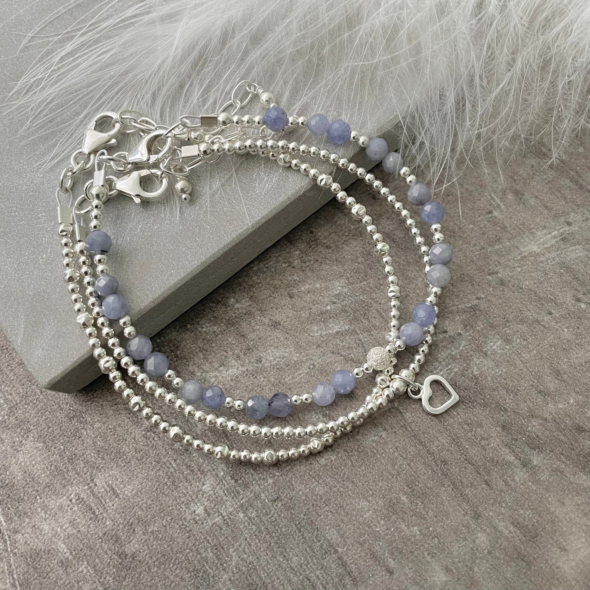 A Dainty December Birthstone Tanzanite Bracelet Set, December Stacking Bracelets for Women in Sterling Silver