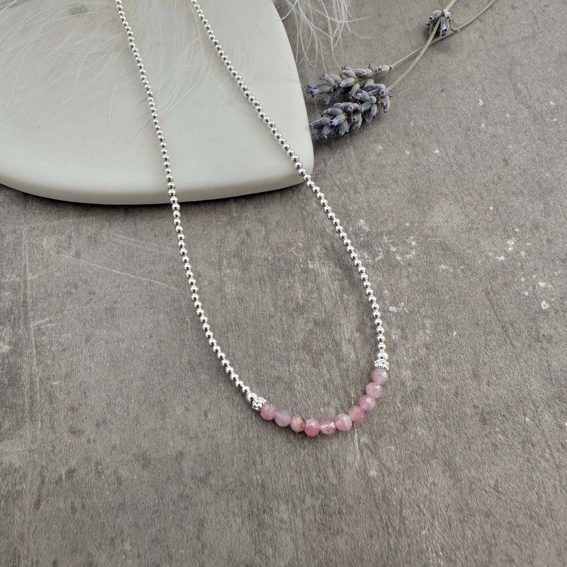 Thin Pale Pink Tourmaline and Sterling Silver Bead Necklace, October Birthstone, dainty silver necklace
