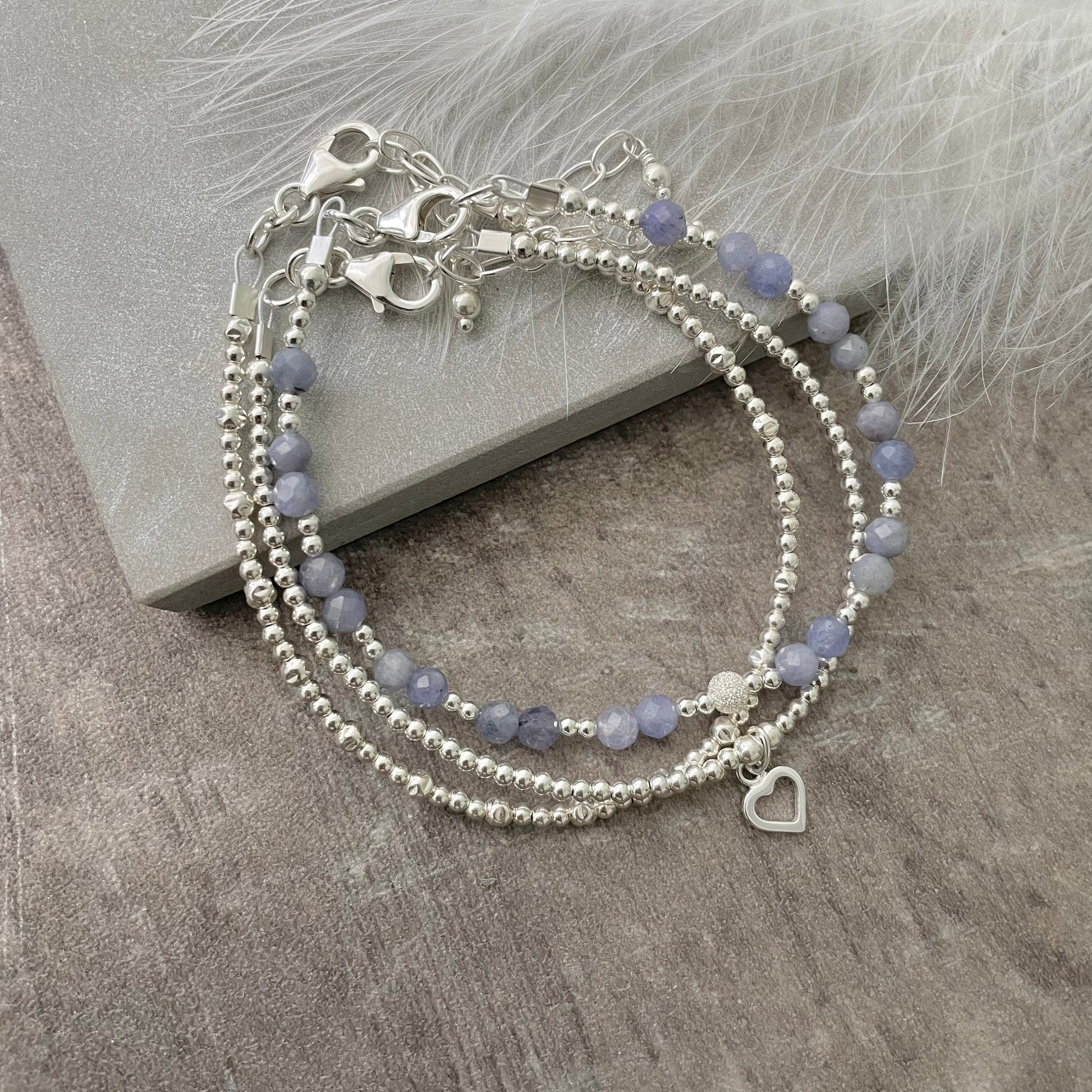 A Dainty December Birthstone Tanzanite Bracelet Set, December Stacking Bracelets for Women in Sterling Silver