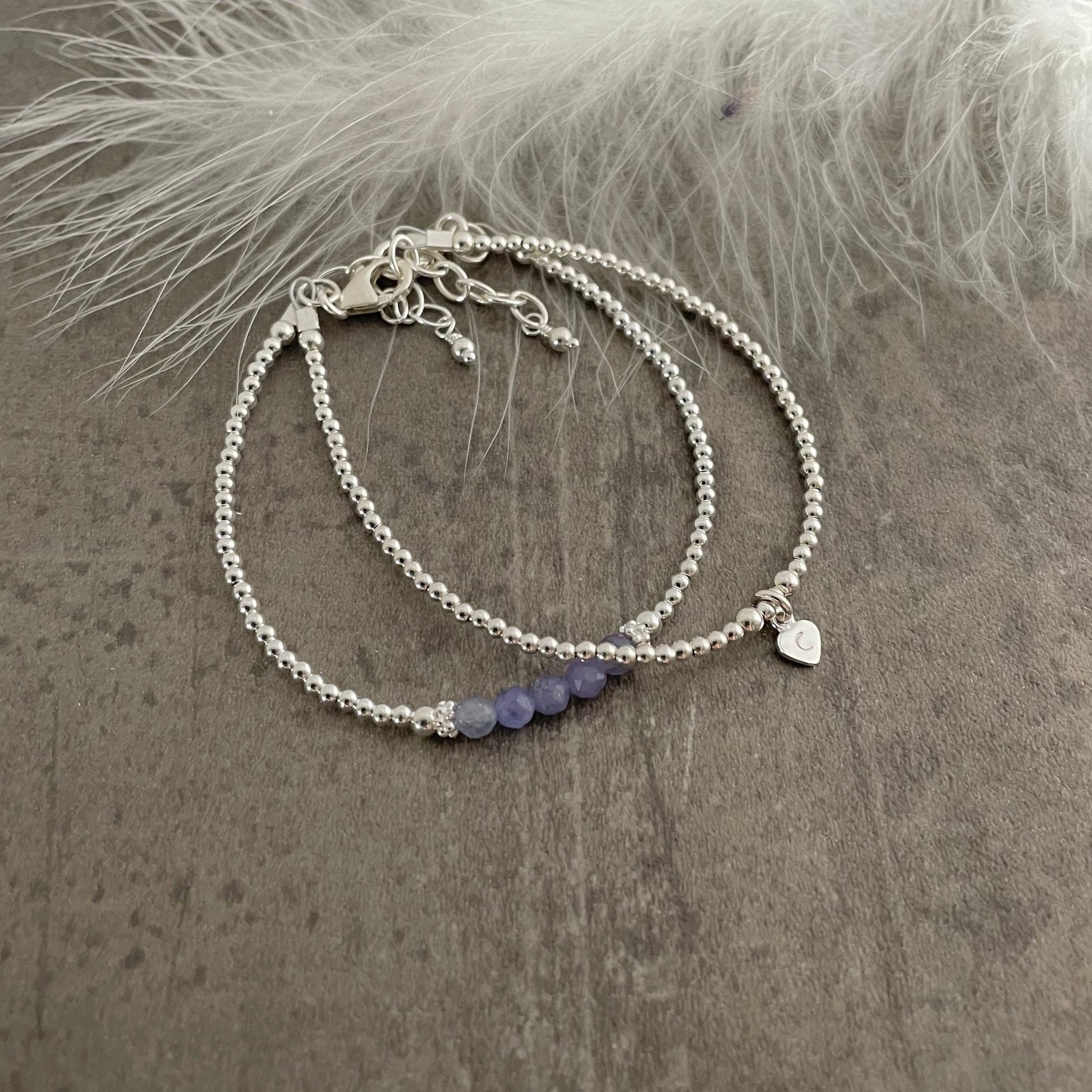 Set of Personalised December Birthstone Bracelets, made with Tanzanite and sterling silver, Stacking Bracelet Set for December Birthday