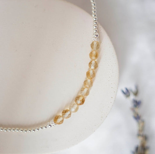 Thin Citrine and Sterling Silver Bead Necklace, November Birthstone
