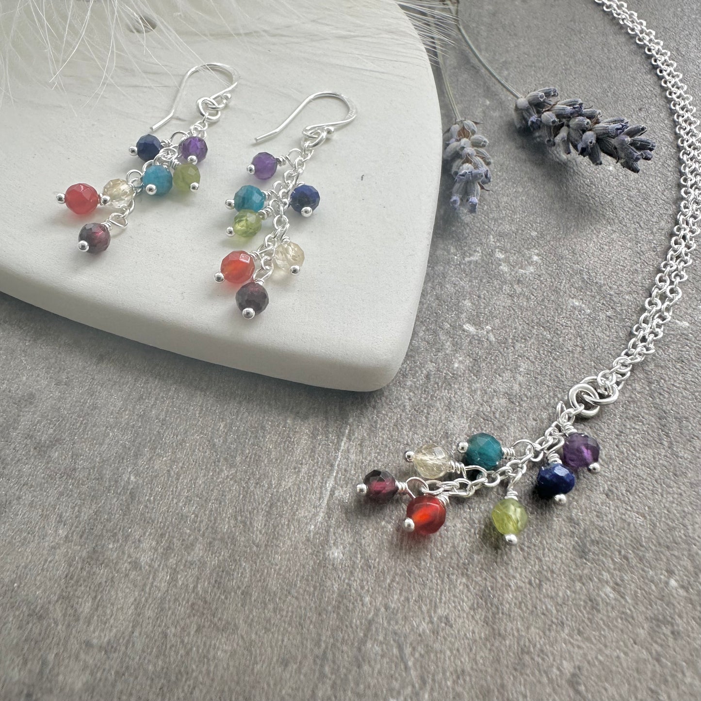 Rainbow Pendant Necklace Earrings Set, Gemstone Chakra Jewellery, Mindfulness Gift, Dainty Necklace, sterling silver necklace earrings