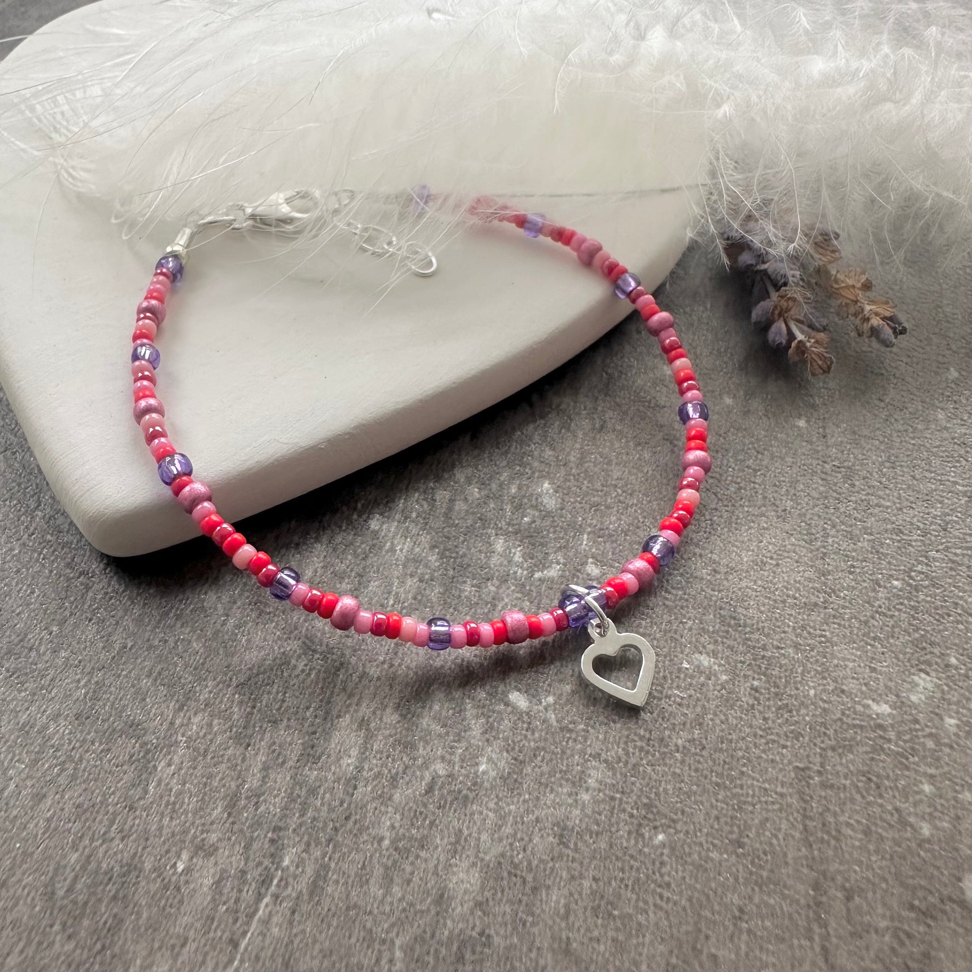 Valentines Purple Pink Red Bracelet with seed beads and heart charm