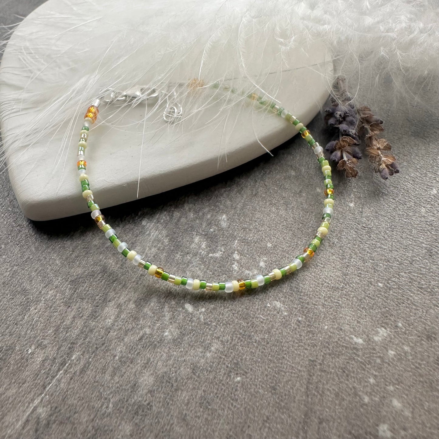 Green and yellow Spring bulbs Bracelet with seed beads