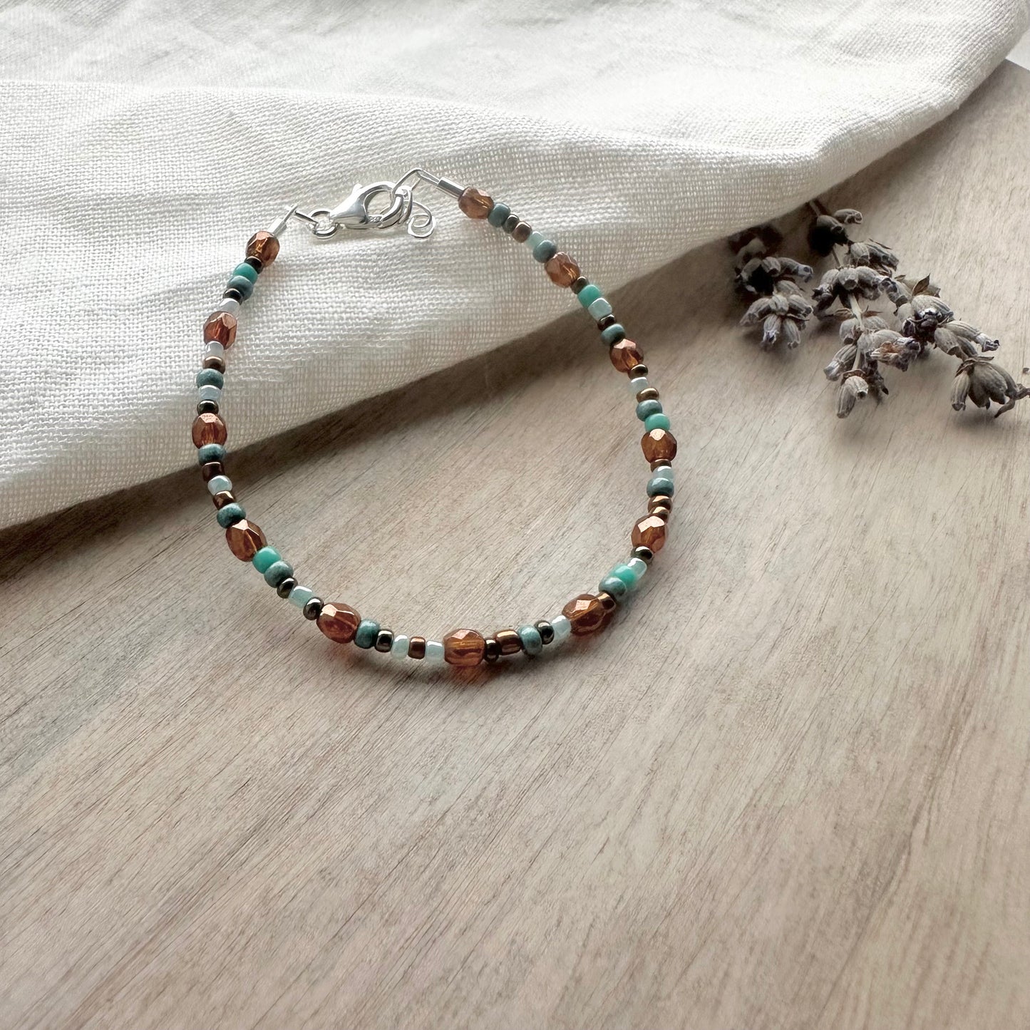 Brown and Teal duck egg tones glass seed bead bracelet